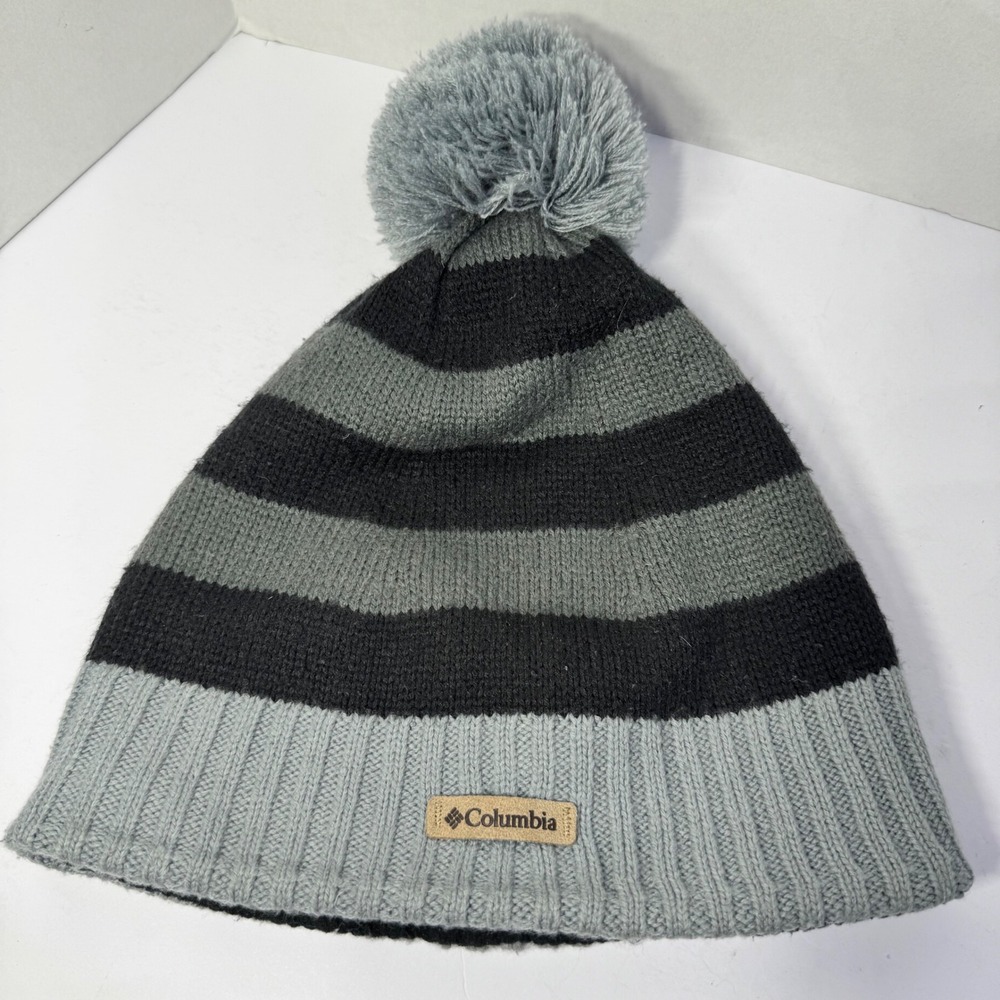 Columbia Omni Heat Striped Pom Pom Beanie Men's Grey‎ Black Knit Winter Hat  EUC